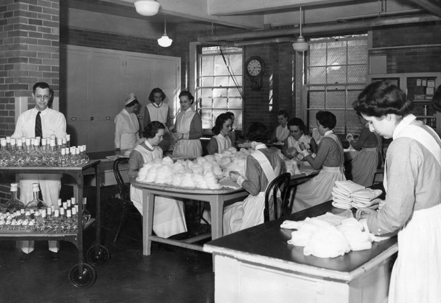 Johns Hopkins Nursing students in class learning about surgical dressings circa 1938