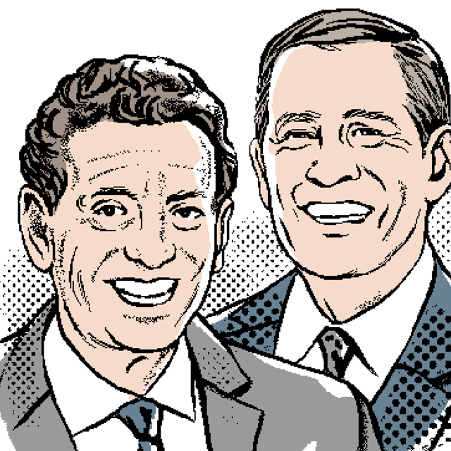 Illustration of David Bernstein and Morris Offit wearing business suits