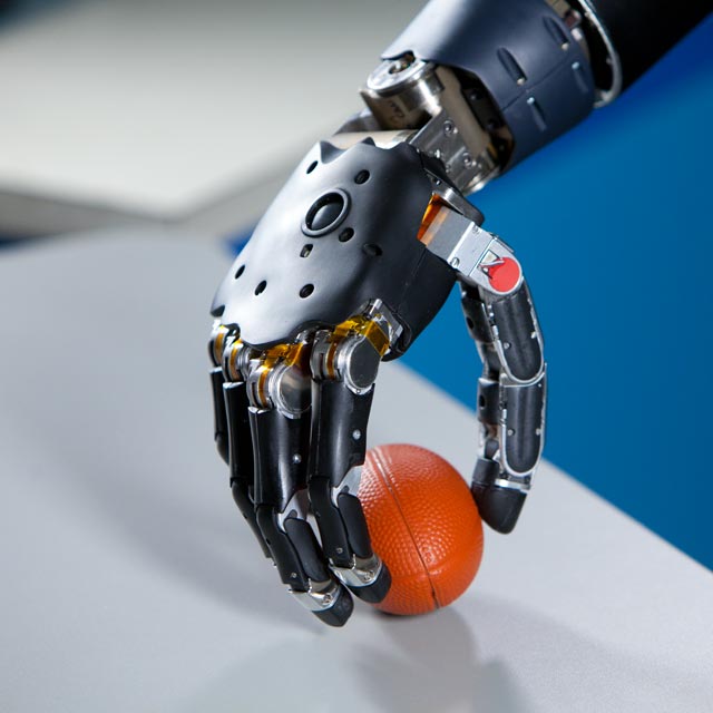 A photo shows a prosthetic hand picking up a ball. 