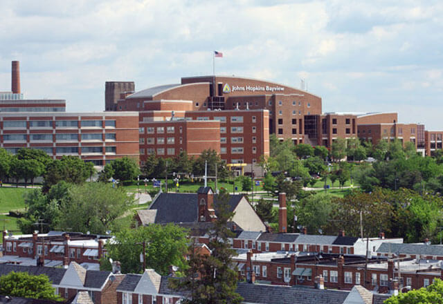 Johns Hopkins Bayview Medical Center exterior, front view.