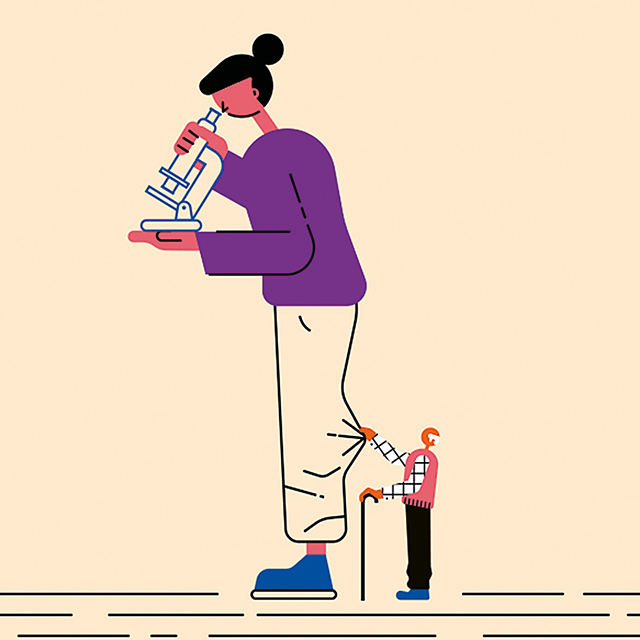 illustration of researcher looking into a microscope. An old man is tugging on her pant leg.