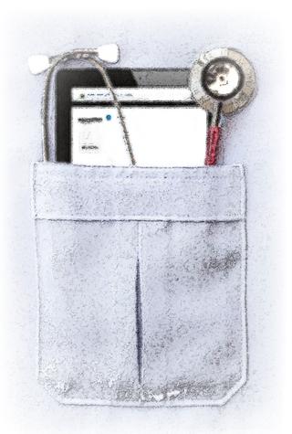 illustration of a pocket containing a tablet and medical instruments