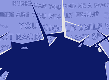 A drawing of shattered glass shows microaggression phrases such as “where are you really from?” “do you speak English?” and more.