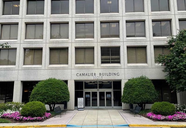 The entrance to the Camalier building at Rock Spring Court in Bethesda.