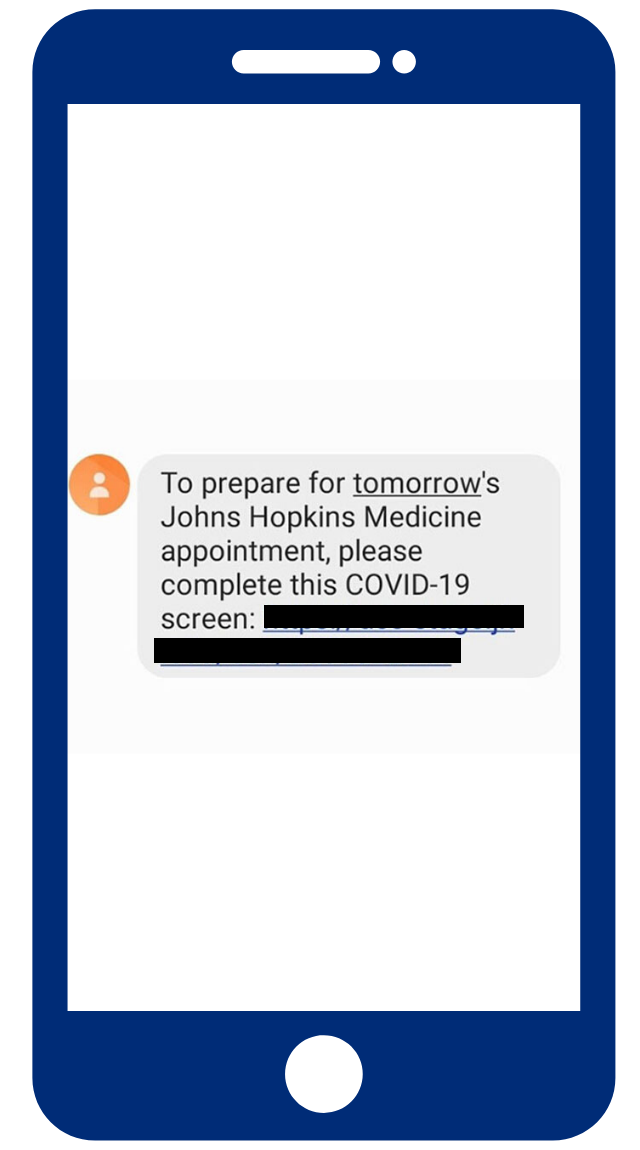 A screenshot of a text message including a link to the COVID-19 digital screening tool.