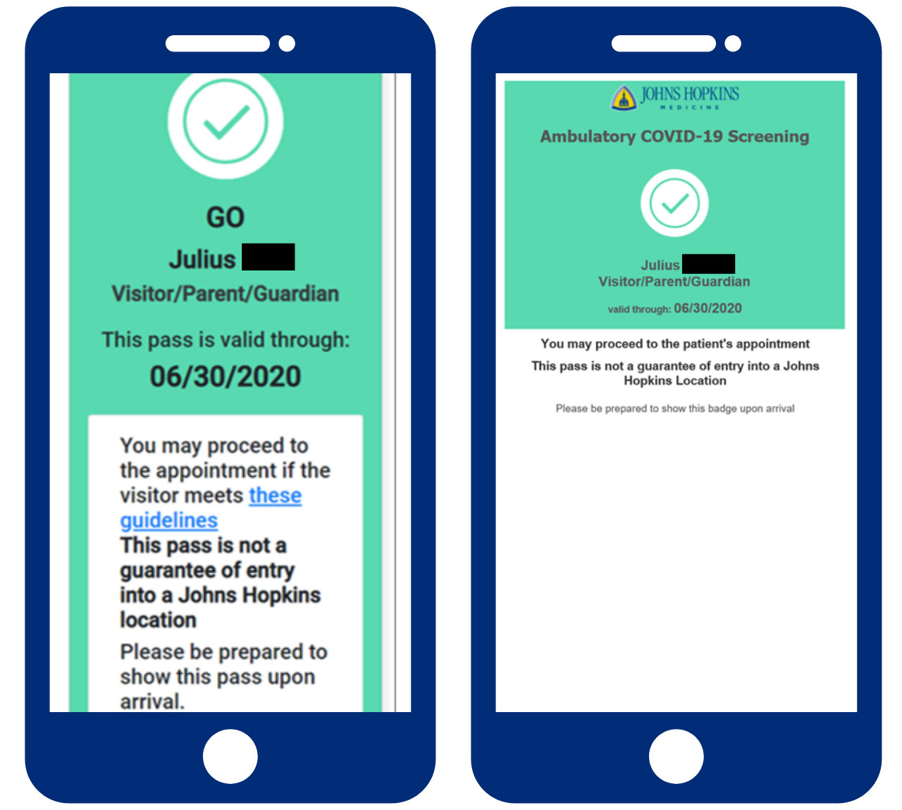 Screenshots of text and email badge confirmations stating the visitor may proceed to the appointment.